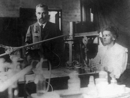Marie and Pierre in laboratory, at Rue Lhomond 42, taken in 1898.